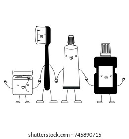 dental floss and toothbrush and toothpaste and mouthwash in cartoon holding hands in black silhouette vector illustration