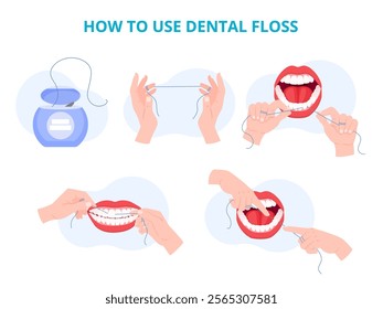 Dental floss use. How tooth flossing hand clean teeth step instruction, mouth oral hygiene care routine dentistry education medical infographic poster, tidy vector illustration original artwork