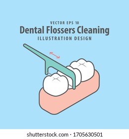 Dental flossers cleaning of teeth illustration vector design on blue background. Dental care concept.