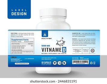 Dental food supplement multi vitamin label sticker oral design, bottle jar teeth product packaging.