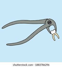 Dental forceps for the lower jaw, in the forceps is a removed tooth on blue background. Doodle style.