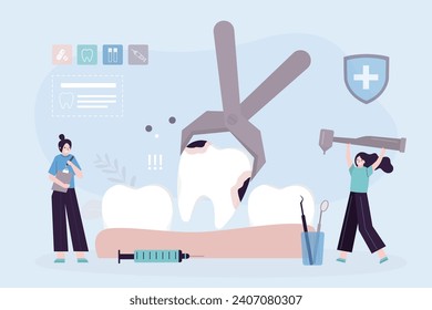 Dental forceps removal sick tooth. Group of dentists examine and treat diseased teeth. Dental treatment by dentist and surgeon. Tooth cavity. Teeth decay. Medical care concept. vector illustration