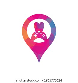 Concepto de la forma del alfiler del mapa del juego dental Diseño del icono del logotipo. Diseño del logotipo vectorial de los dientes y la consola.	