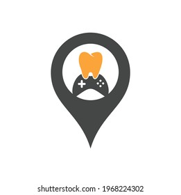 Dental Game map pin shape concept Logo Icon Design. Tooth And Console vector logo design.	