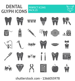 Dental glyph icon set, dentistry symbols collection, vector sketches, logo illustrations, tooth signs solid pictograms package isolated on white background, eps 10.