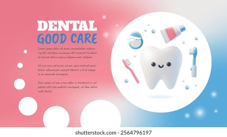 Dental good care banner vector design. 3D realistic white healthy smile tooth and oral care products. Toothbrush, toothpaste and dental floss. Dental hygiene for deep cleaning teeth, prevention