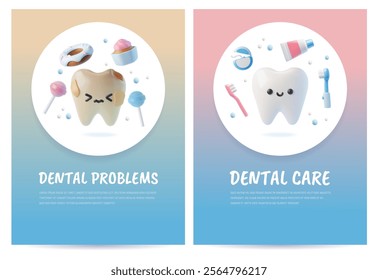 Dental good care and problems poster vector designs set. 3D realistic white healthy tooth and oral care products. Unhealthy tooth exposed to sweets. Oral hygiene for caries prevention