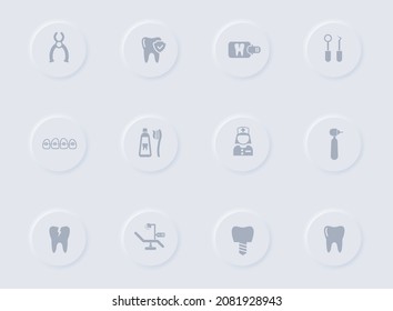 dental gray vector icons on round rubber buttons. dental icon set for web, mobile apps, ui design and promo business polygraphy
