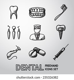 Dental handdrawn icons set with - tooth, jaw, toothbrush, dentist tools, doctor, prosthesis, drill, pills, syringe. vector