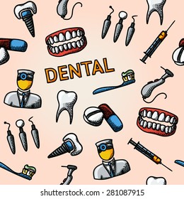 Dental handdrawn pattern with - tooth, jaw, toothbrush, dentist tools, doctor, prosthesis, drill, pills, syringe. vector