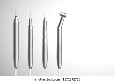 Dental handpieces instrument 3D virtual design set, illustration isolated on grey gradient background, with copy space