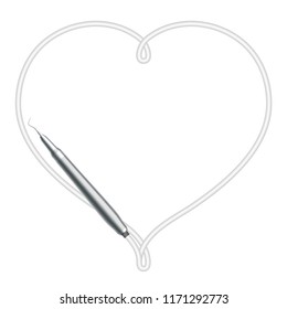 Dental handpieces instrument and heart shape frame made from cable, illustration 3D virtual design isolated on white background, with copy space
