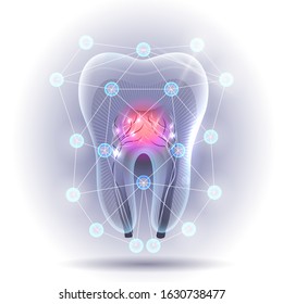 Dental healing concept beautiful design, transparent tooth with roots and nerves and connected dots around as a protection and treatment concept, scientific modern design.