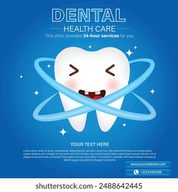 Diseño de Plantilla de póster plano de cuidado de la salud dental con carácter lindo de los dientes sonrientes, conveniente para la clínica dental.