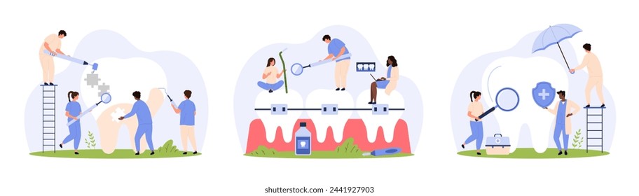 Dental health care, insurance and braces set. Tiny people check tooth enamel with dentists tools, protect teeth with umbrella and shield, correct bite with brackets cartoon vector illustration