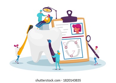 Dental Health Care, Oral Treatment Program, Check Up Concept. Tiny Doctor Dentists Characters in Medical Robe Cleaning, Drilling and Brushing Huge Tooth Using Tools. Cartoon People Vector Illustration