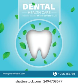  Dental health care square poster template design suitable for dental clinic. teeth with fresh falling leaves vector.