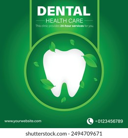 Dental health care square poster template design suitable for dental clinic. oral health concept, teeth with fresh leaves vector.