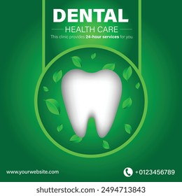 Diseño de Plantilla de póster cuadrado para el cuidado de la salud dental. dientes con hojas frescas de Vector.