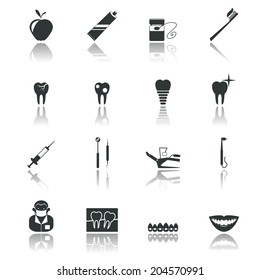 Dental health and caries teeth healthcare instruments dent protection black icons set isolated vector illustration