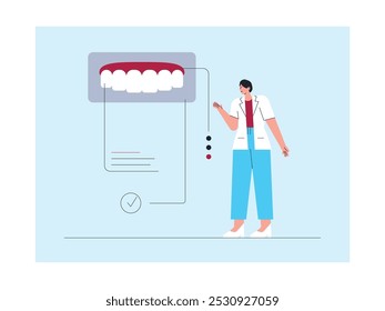 Verificação de saúde dentária resultado de dentista qualificado, ilustração vetorial.