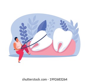 Composición de salud dental con carácter tratando de enderezar dientes torcidos ilustración vectorial plana