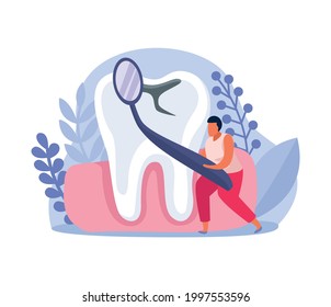 Dental health composition with man examining unhealthy tooth with instrument flat vector illustration