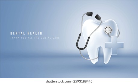 Dental health concept with a tooth, stethoscope, and medical cross on a blue background. medical health and dentistry concept. can be used in dentist clinic or hospital. vector design.