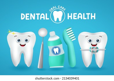 Dental health emoji vector design. Dental health text with teeth emoticon characters, toothpaste and toothbrush elements for oral healthy hygiene care instrument and character. Vector illustration.
