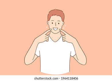 Dental health and hygiene concept. Young smiling handsome man in casual clothes standing smiling cheerful showing healthy white teeth and mouth vector illustration 