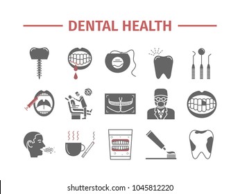 Dental Health icons set. Reception at the dentist. Treatment. Vector signs.