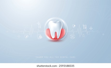 Dental health illustration with a tooth at the center, surrounded by medical icons on a light blue background. dental health with a tooth and heart rate line. used in dentist clinic or hospital. 