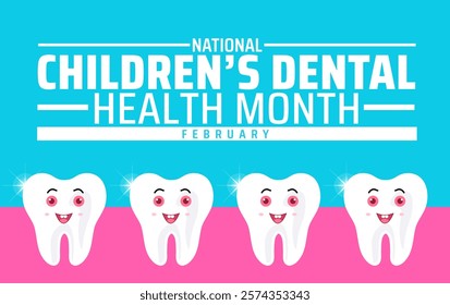 Children’s Dental Health Month or Children Dental Health Month background banner or poster design template. observed every year in February. Holiday concept. Use to any Template, card, poster, placard