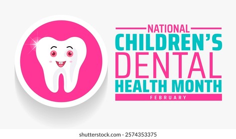 Children’s Dental Health Month or Children Dental Health Month background banner or poster design template. observed every year in February. Holiday concept. Use to any Template, card, poster, placard