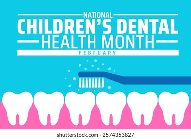 Children’s Dental Health Month or Children Dental Health Month background banner or poster design template. observed every year in February. Holiday concept. Use to any Template, card, poster, placard