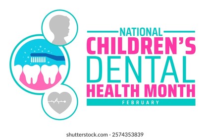 Children’s Dental Health Month or Children Dental Health Month background banner or poster design template. observed every year in February. Holiday concept. Use to any Template, card, poster, placard