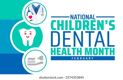 Children’s Dental Health Month or Children Dental Health Month background banner or poster design template. observed every year in February. Holiday concept. Use to any Template, card, poster, placard