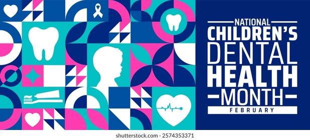 Children’s Dental Health Month or Children Dental Health Month geometric shape pattern background banner or poster design template. observed every year in February. Holiday concept.