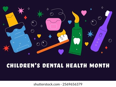 Children’s Dental Health Month. Dentist Day. Stomatology, dentist and dental care clinic. Good oral hygiene at an early age and visiting the dentist regularly