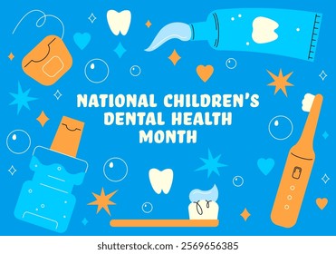 Children’s Dental Health Month. Dentist Day. Stomatology, dentist and dental care clinic. Good oral hygiene at an early age and visiting the dentist regularly