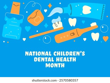 Children’s Dental Health Month. Dentist Day. Stomatology, dentist and dental care clinic. Good oral hygiene at an early age and visiting the dentist regularly