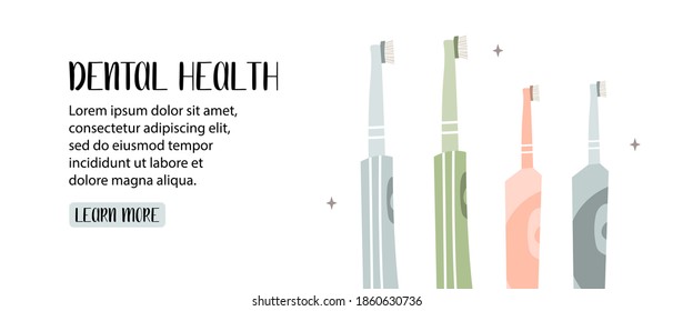 Dental health. Oral care. Dental cleaning tools: electric toothbrush. Hygiene, teeth care. Vector flat cartoon illustration, landing page template, banner design, web