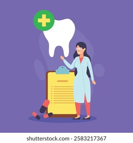 Dental health professional wearing white coat and glasses while discussing importance of oral hygiene. Clipboard and medicine capsules against purple background