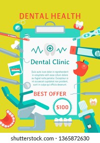 Dental health rposter vector illustration. Dental care web design. Set of dental tools and equipment. Dentistry, Orthodontics. Healthy clean teeth. Teeth brush, paste, tooth wash and floss.