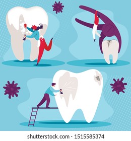 Conjunto de salud dental. Limpieza de la Cavidad Oral, Tratamiento y Eliminación Dientes Enfermos. Pequeñas Personas Se Ocupan De Los Dientes Enormes. Odontología de la prevención. Profesionales de la estomatología. Ilustración de vectores planos de caricaturas