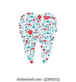 Dental health stomatology instrument flat icons set in human tooth shape vector illustration