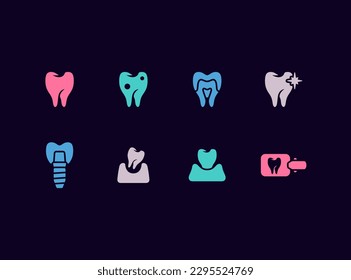 Dental health vector icon set. Teeth, dentist tools, dental procedures medical icons.