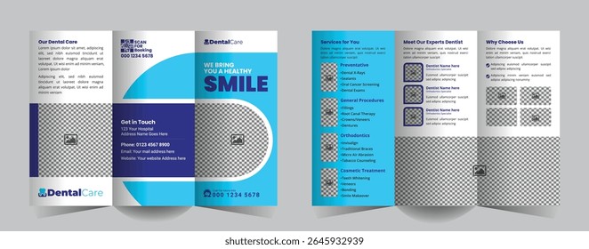 Dental Healthcare Tri-Fold Brochure Design for Hospitals or Clinics. A sleek, professional template for promoting services, Teeth and oral treatments, and patient care offerings