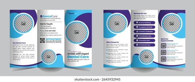 Dental Healthcare Tri-Fold Brochure Design for Hospitals or Clinics. A sleek, professional template for promoting services, Teeth and oral treatments, and patient care offerings