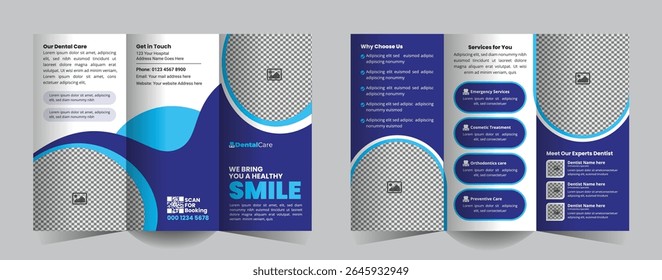 Dental Healthcare Tri-Fold Brochure Design for Hospitals or Clinics. A sleek, professional template for promoting services, Teeth and oral treatments, and patient care offerings